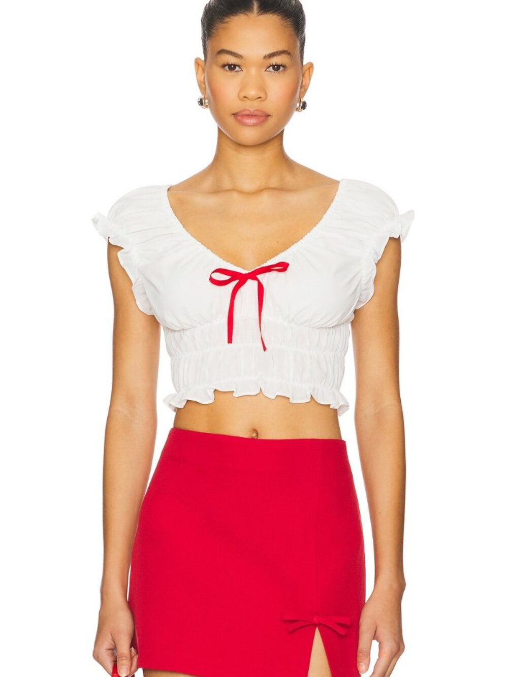 MORE TO COME Maria Ruched Top in White cottage crop shirt